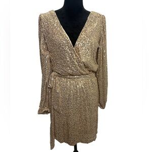 Gold Sequin Faux Wrap Dress Size M